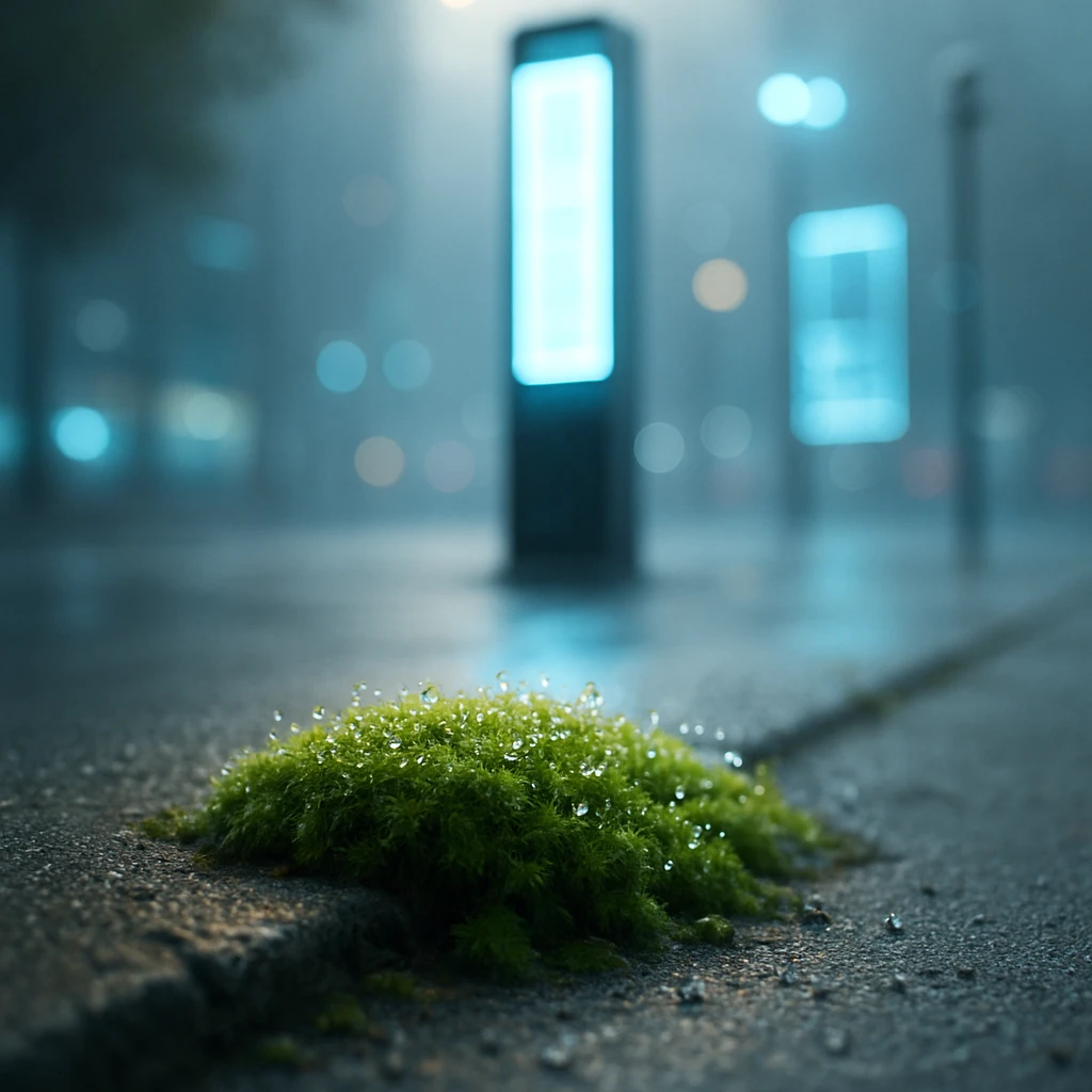 都心の歩道の縁石で朝露をまとった苔の絨毯の奥に、青白く光る未来的なデジタルサイネージやセンサーが立つ様子。