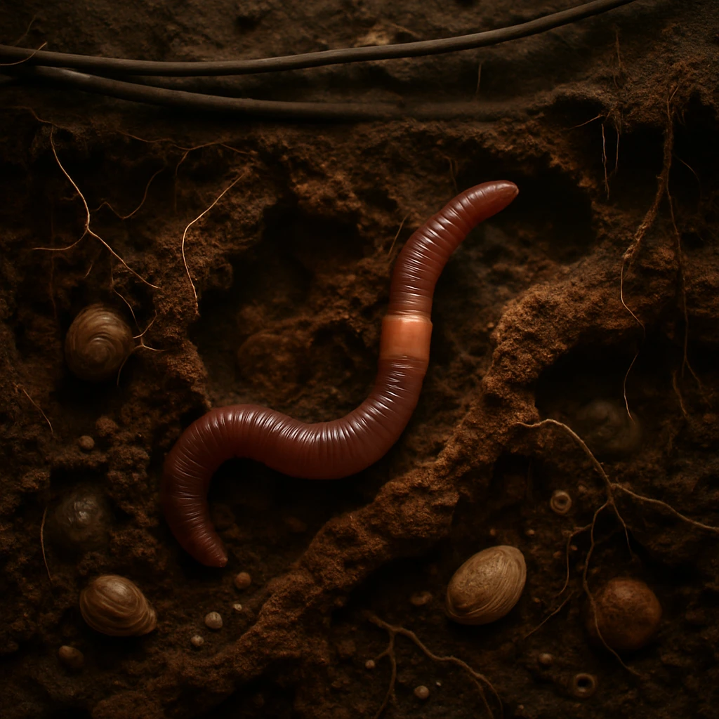 土の断面の中、シマミミズを中心にさまざまな土壌生物や根、微生物が共存しているリアルな写真風イメージ。