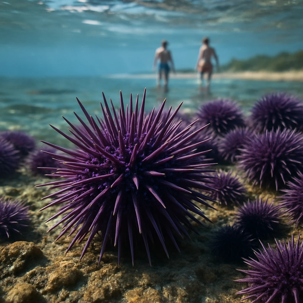浅瀬の岩場でトゲの鋭いムラサキウニが他のウニたちと集まり、人間を遠くに観察している様子。