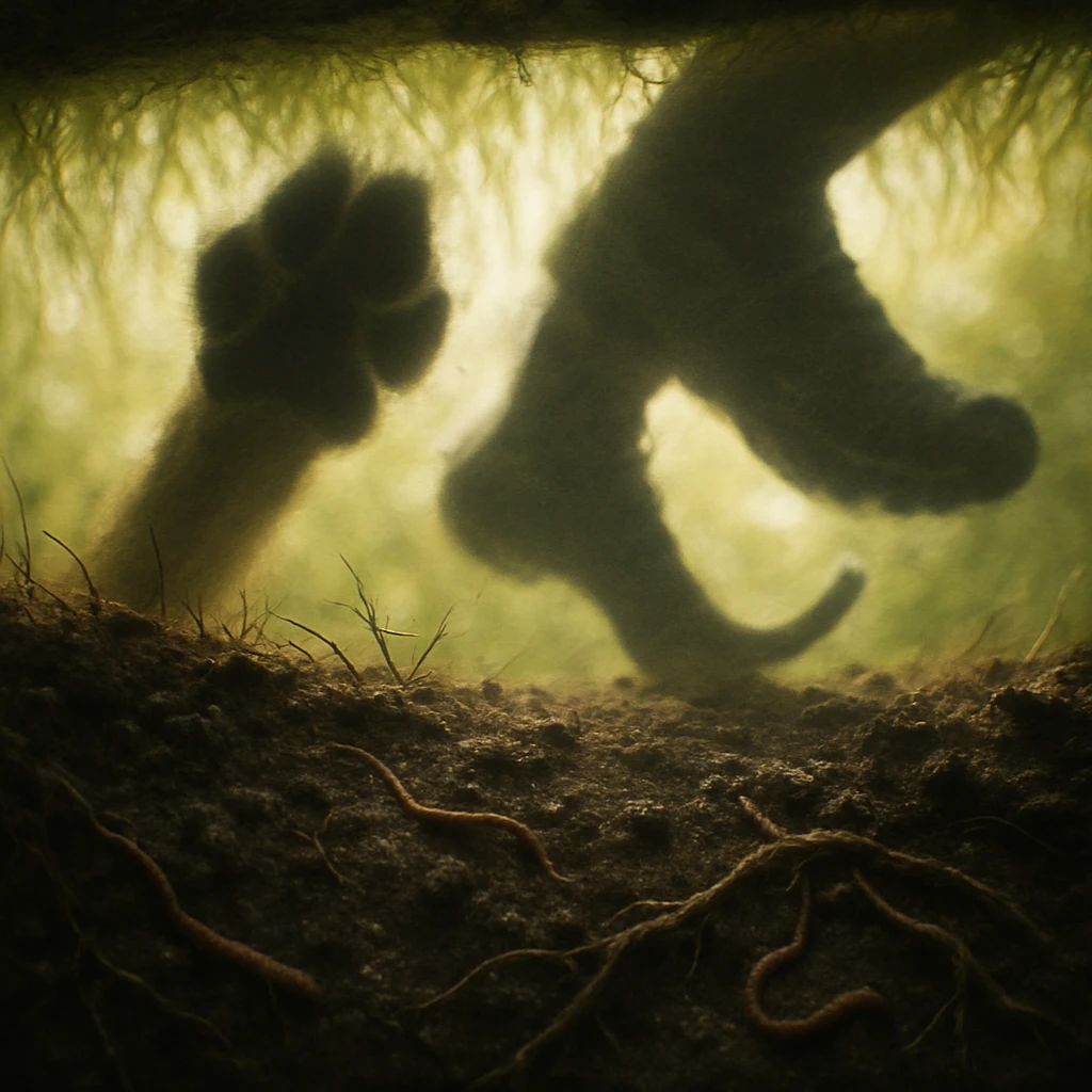 芝生の下から見上げる視点で、土と根の隙間越しに義足アスリートの運動靴と盲導犬の足がぼんやりと見えている写真。