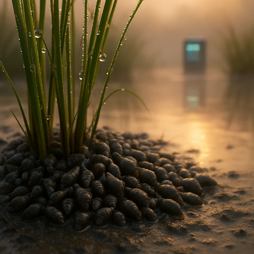 夜明けの湿地で水草の根元に集まるヒメタニシと、奥にぼんやり光る水質調査機器の様子。