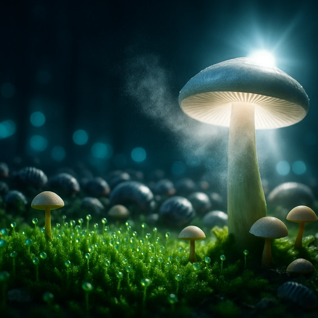 夜の都市公園で輝く苔合奏団と銀白のキノコが胞子を放つ幻想的な地表の一場面。