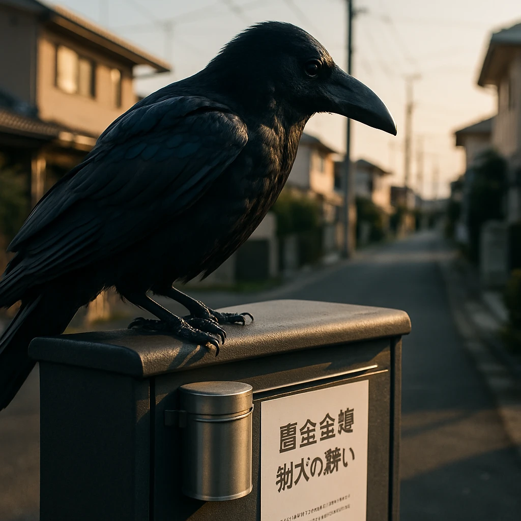 東京郊外の郵便受けの上に止まり、貼紙とブリキの筒を見つめる黒いカラスの写真。