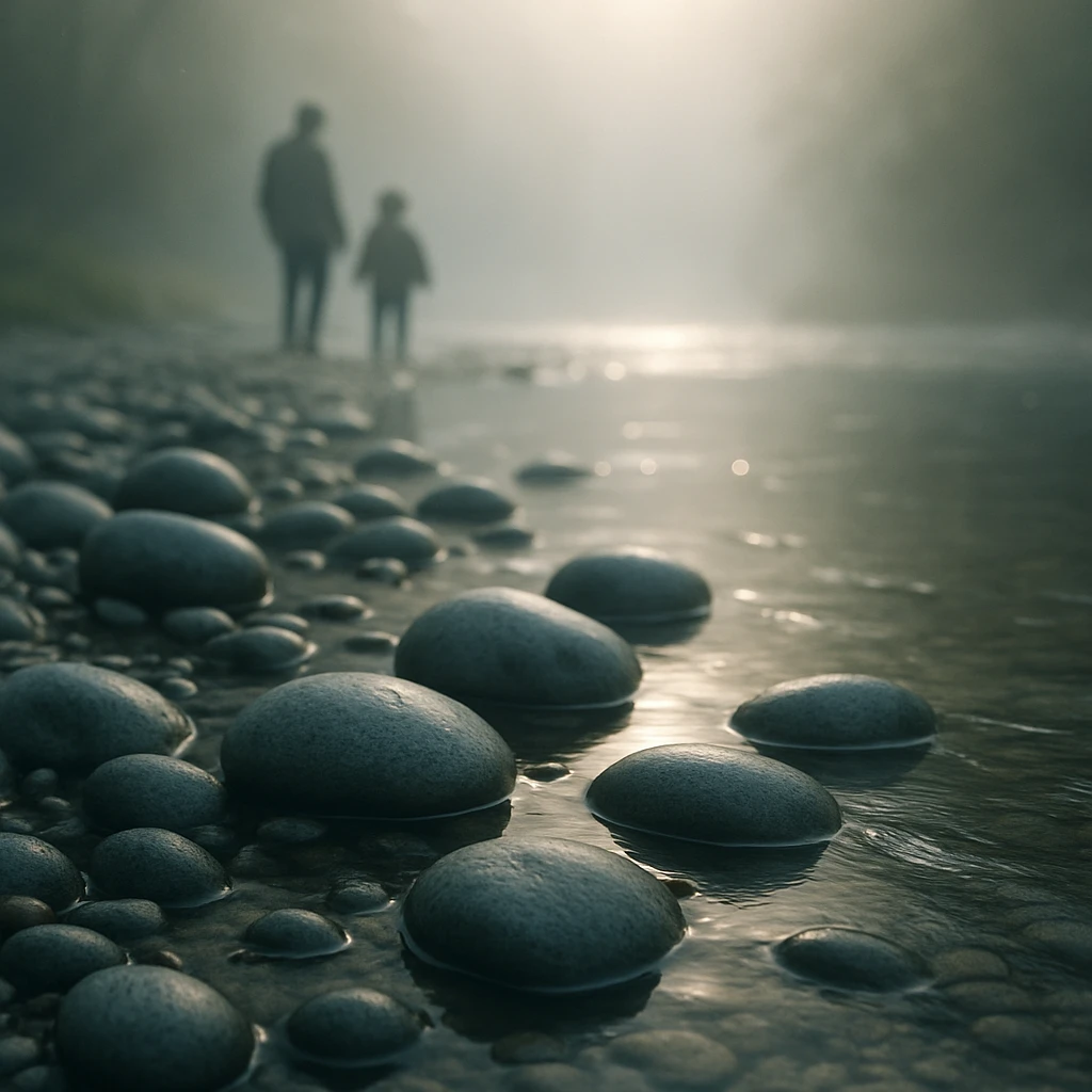 朝もやのなか、川床に転がるグレー色の小石と、遠くに親子連れが立つ様子を写したリアルな写真。