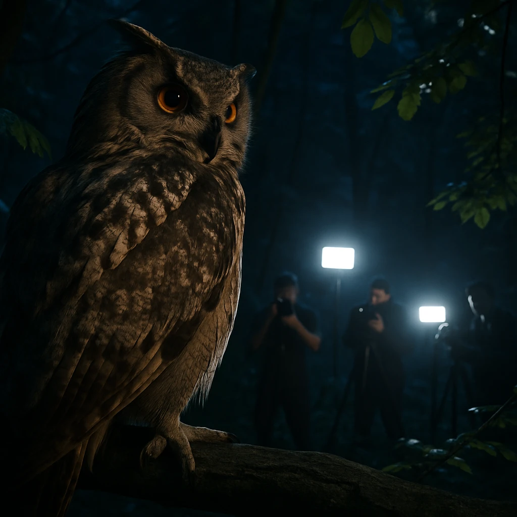 夜の森でフクロウが枝にとまり、人間たちが照明とカメラで撮影している様子を見つめている写真。