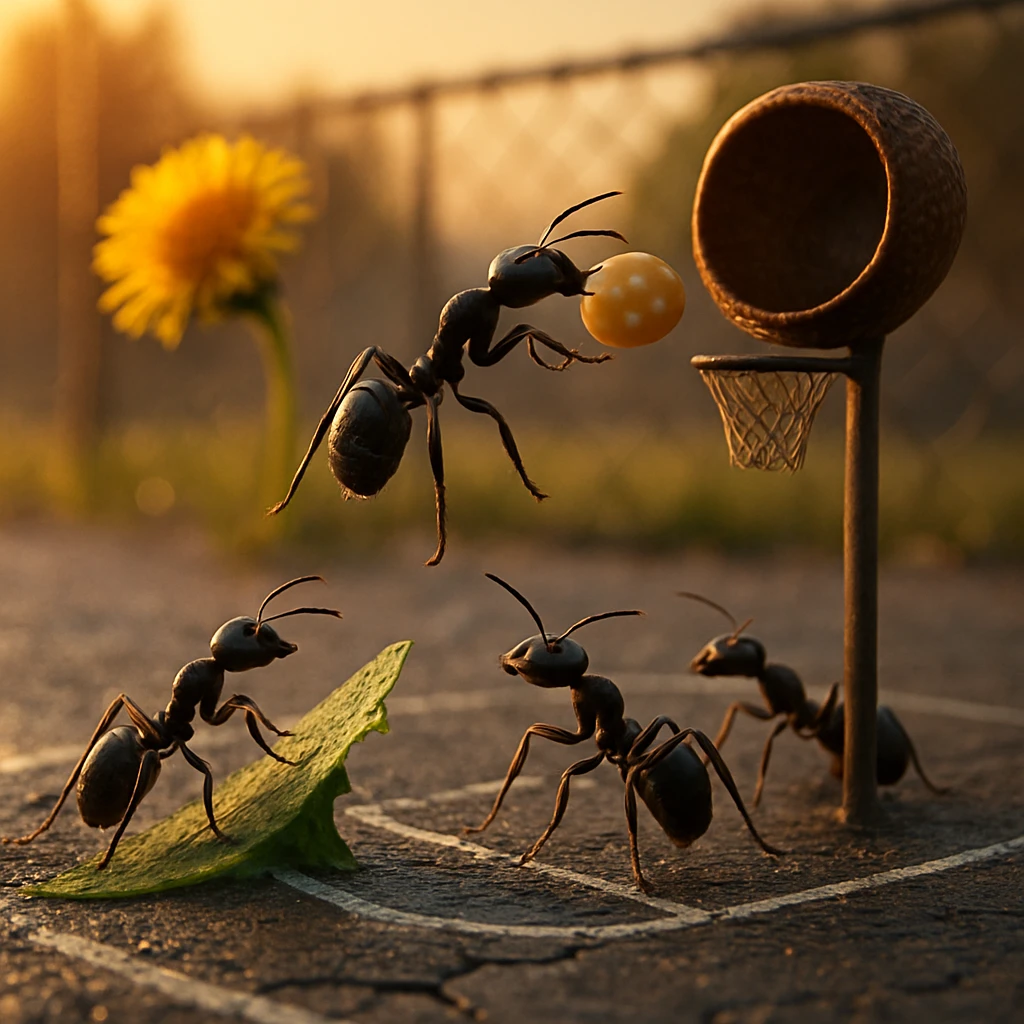 朝露のストリートコートの割れ目で、葉っぱを踏み台にゴマ粒バスケットボールを持ったクロヤマアリたちが跳びはねている様子を捉えた写真。