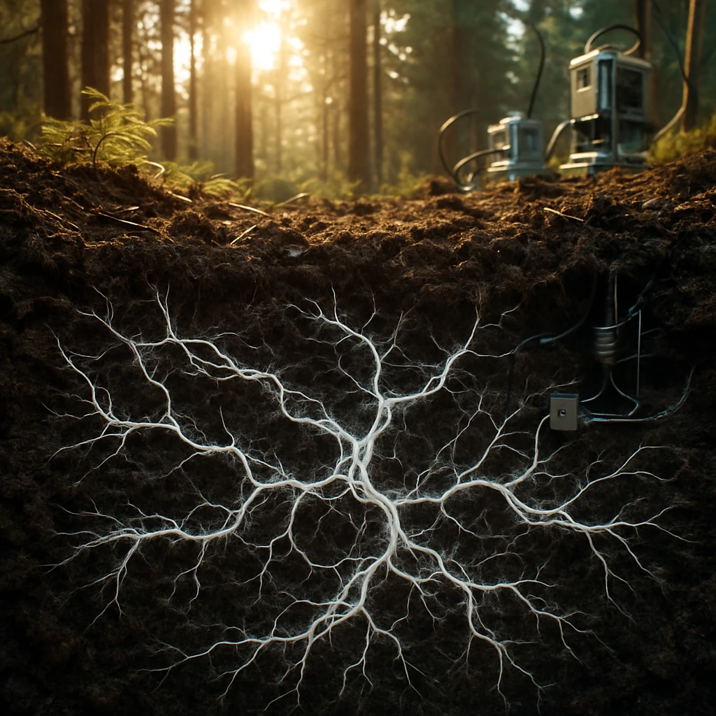 松林の下の土壌断面に、複雑に張り巡らされたヒラタケ菌糸ネットワークと、人間の実験装置が地表から一部見える様子のリアルな写真風イメージ。