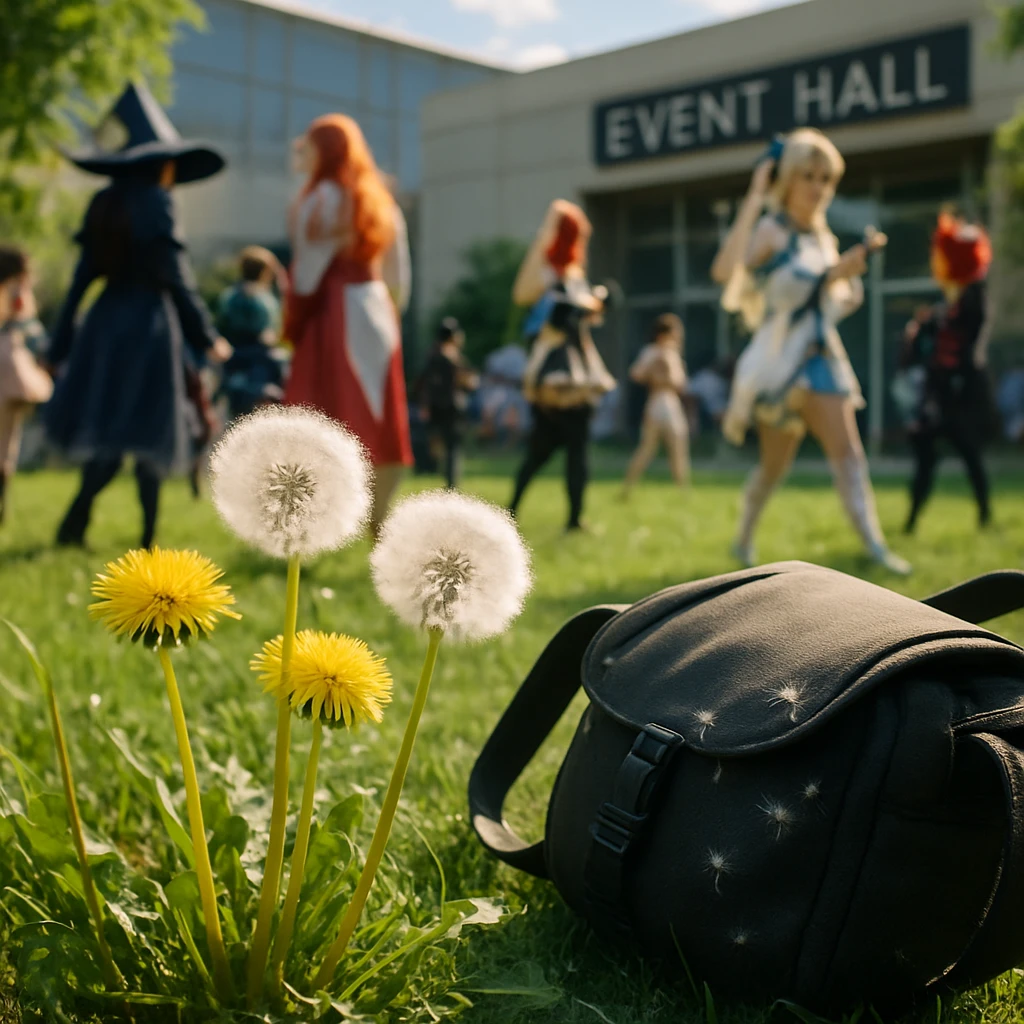 コスプレ衣装の人々が歩くイベント会場近くの芝生で、満開のタンポポと綿毛、カメラバッグに付いた綿毛が見える写真。