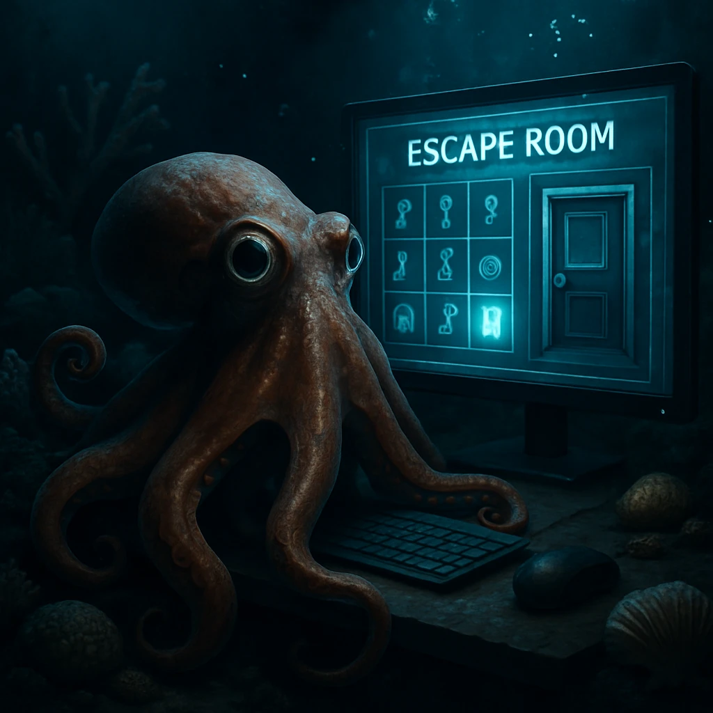 暗い海底の部屋でパソコン画面を見つめるマダコが、触腕を広げて謎解きゲームに挑戦している様子。