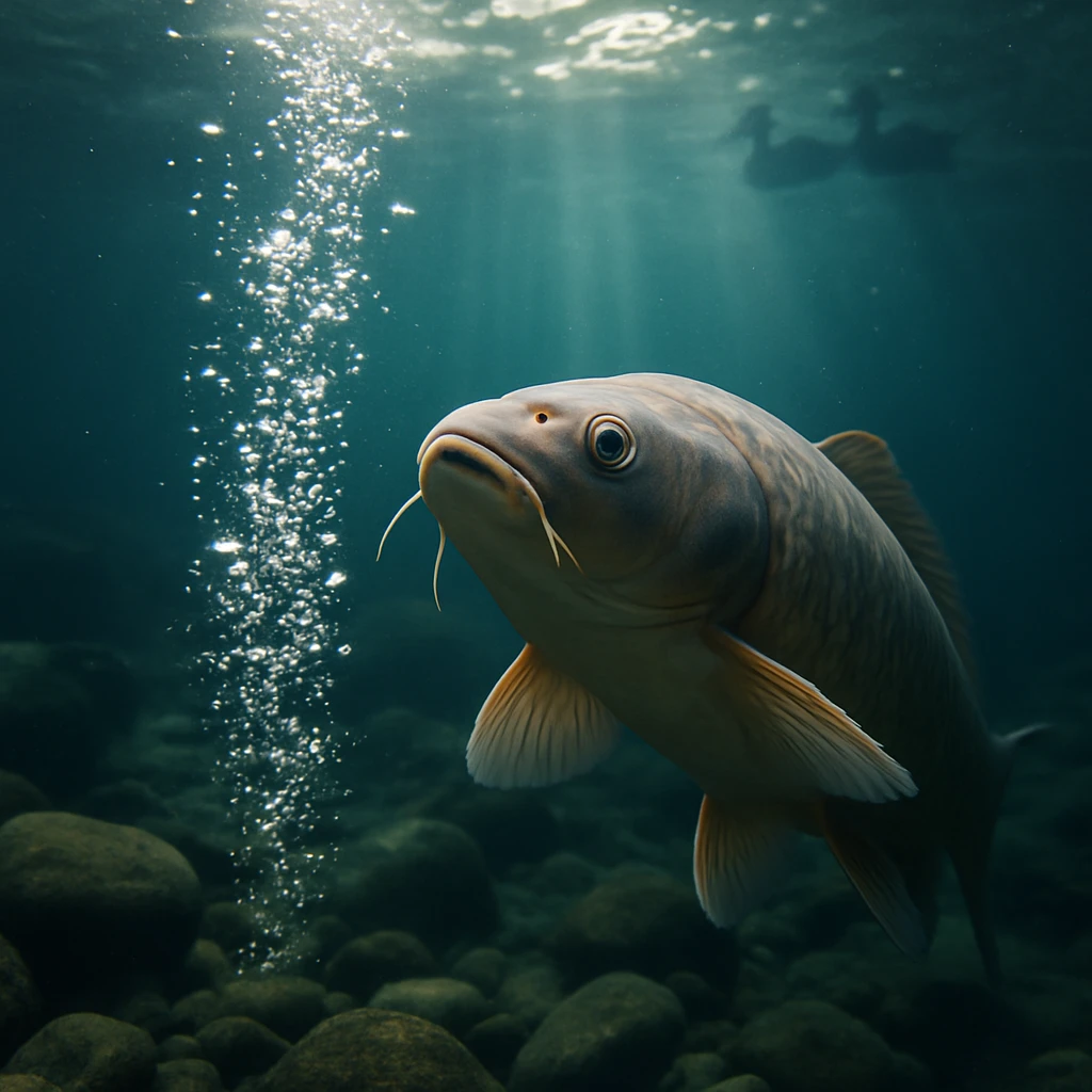 澄んだ川底で大きなコイがヒゲを動かしながら、水中を上昇する銀色の気泡を見上げている。