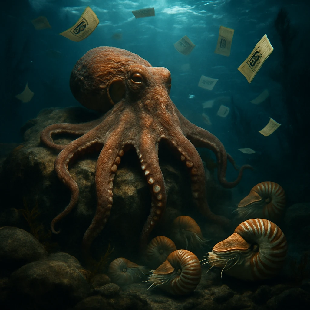北太平洋の岩礁に佇む老タコが、他の海の生き物たちとともに漂う紙の借用書を眺めている水中風景です。