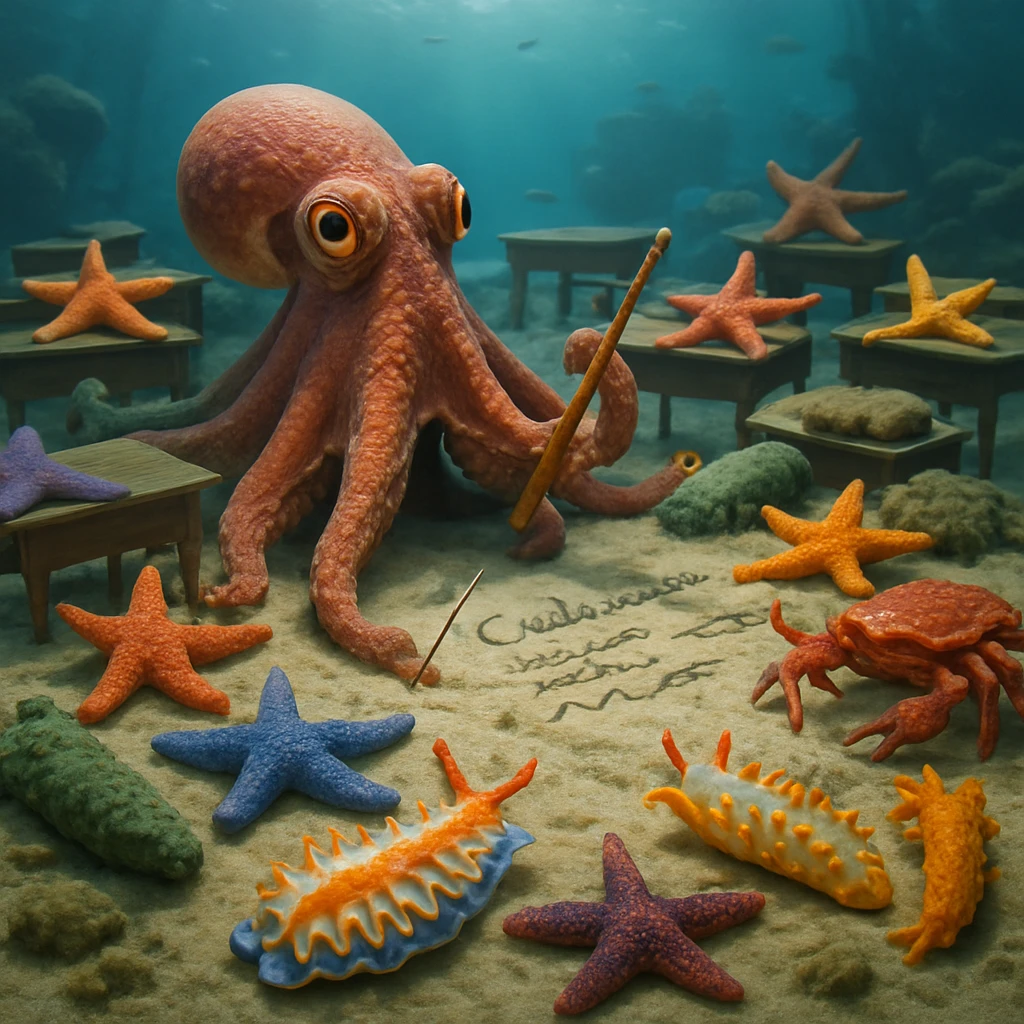海底の教室でタコが先生役をしながら、多様な海の生き物たちが集まって熱心に学び合っている様子を写した写真風画像。
