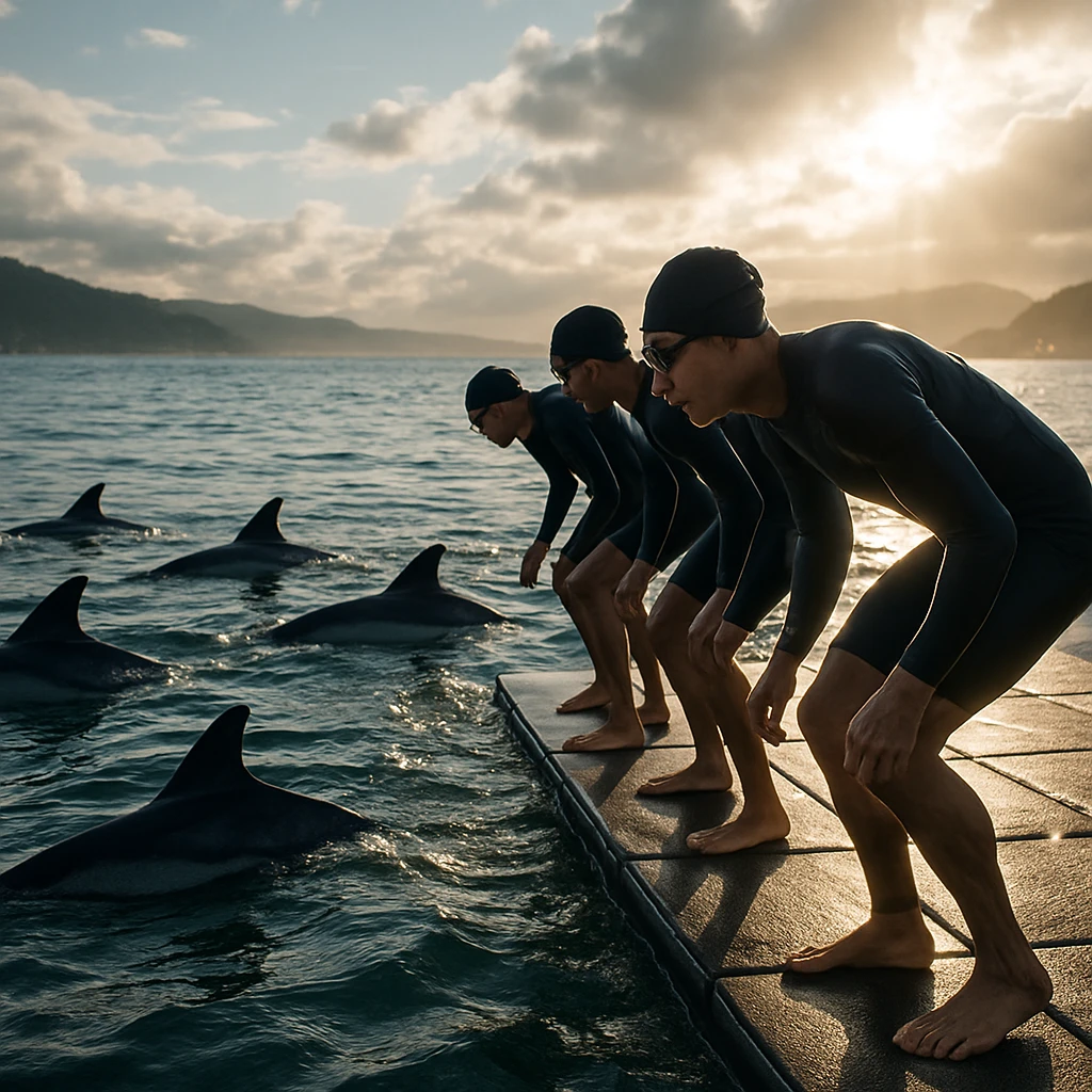 海面すれすれの視点から、泳者たちがスタート台に並び、その近くの波間にイルカの背びれが見える光景。
