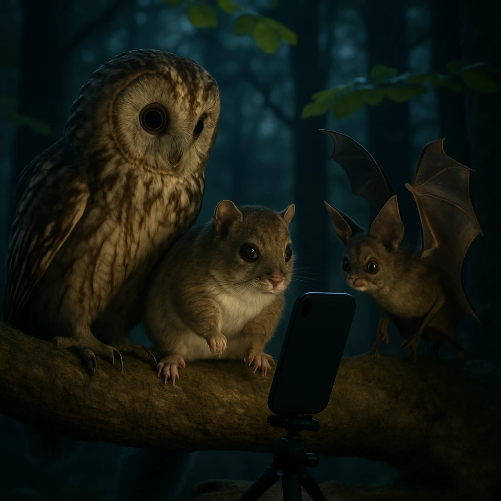 夜のブナ林でフクロウ、モモンガ、コウモリがスマートフォンを見つめているシーン。