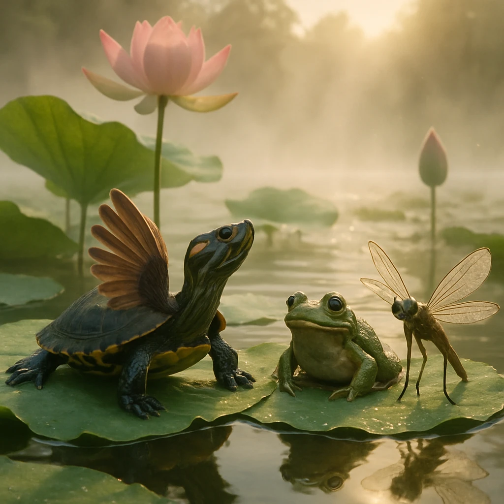 朝靄に包まれた蓮池で、カメやカエル、水生植物、昆虫の幼虫がコスプレ姿で蓮の葉の上に集まってポーズをとっている様子。