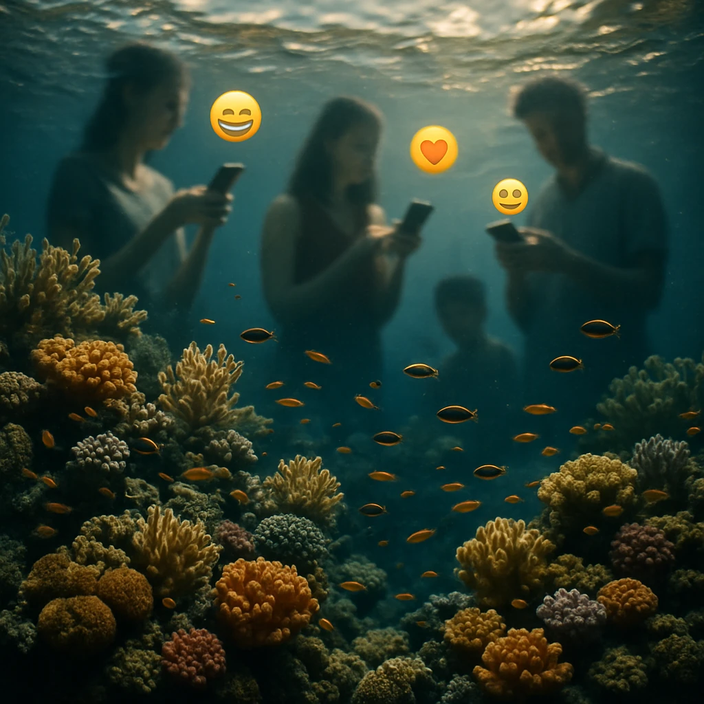 海底の美しいサンゴ礁と魚たちの上に、水面越しに人間がデバイスを使って絵文字をやりとりする様子がぼんやりと見える写真風のイメージ。