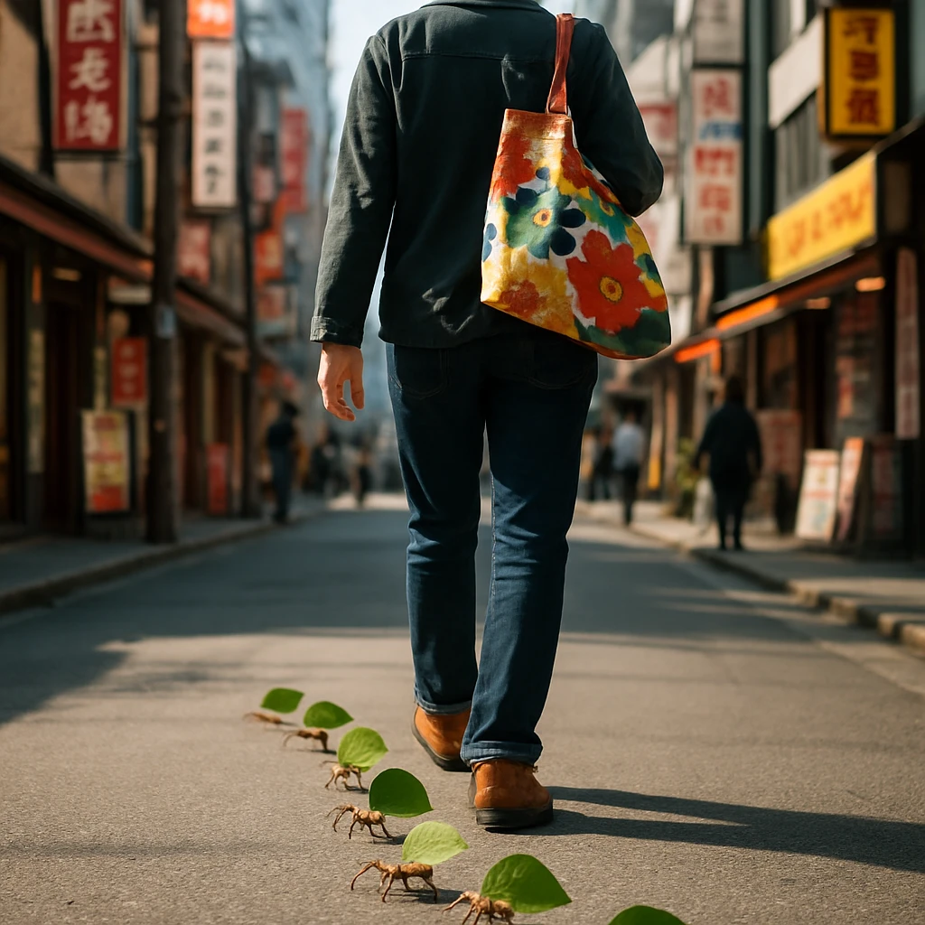 色とりどりのエコバッグを肩にかけた人の足元を、葉を運ぶハキリアリたちが列になって進む都市の歩道の様子。