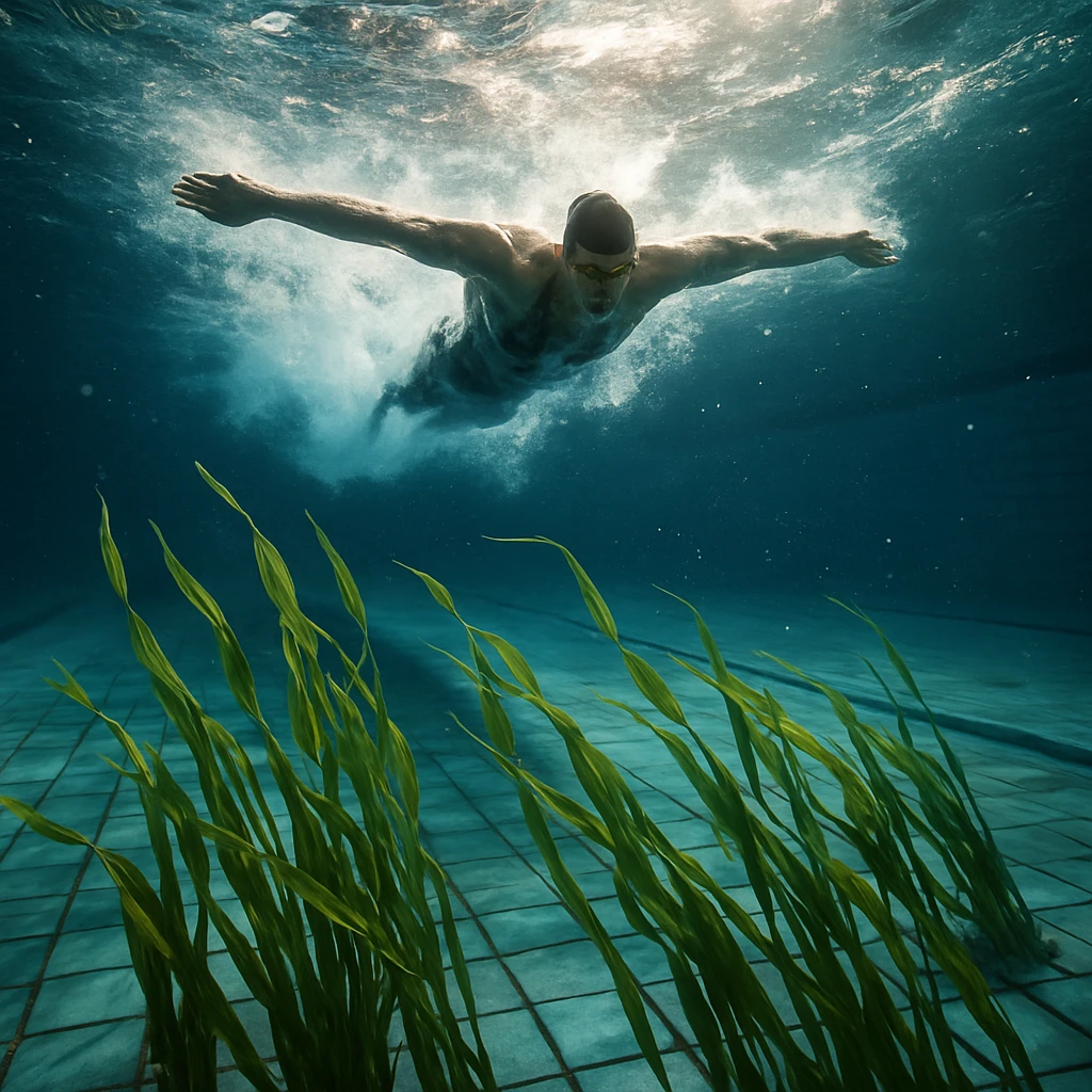 競泳プールの水中で揺れるワカメとその上を力強く泳ぐ選手を写した写真。