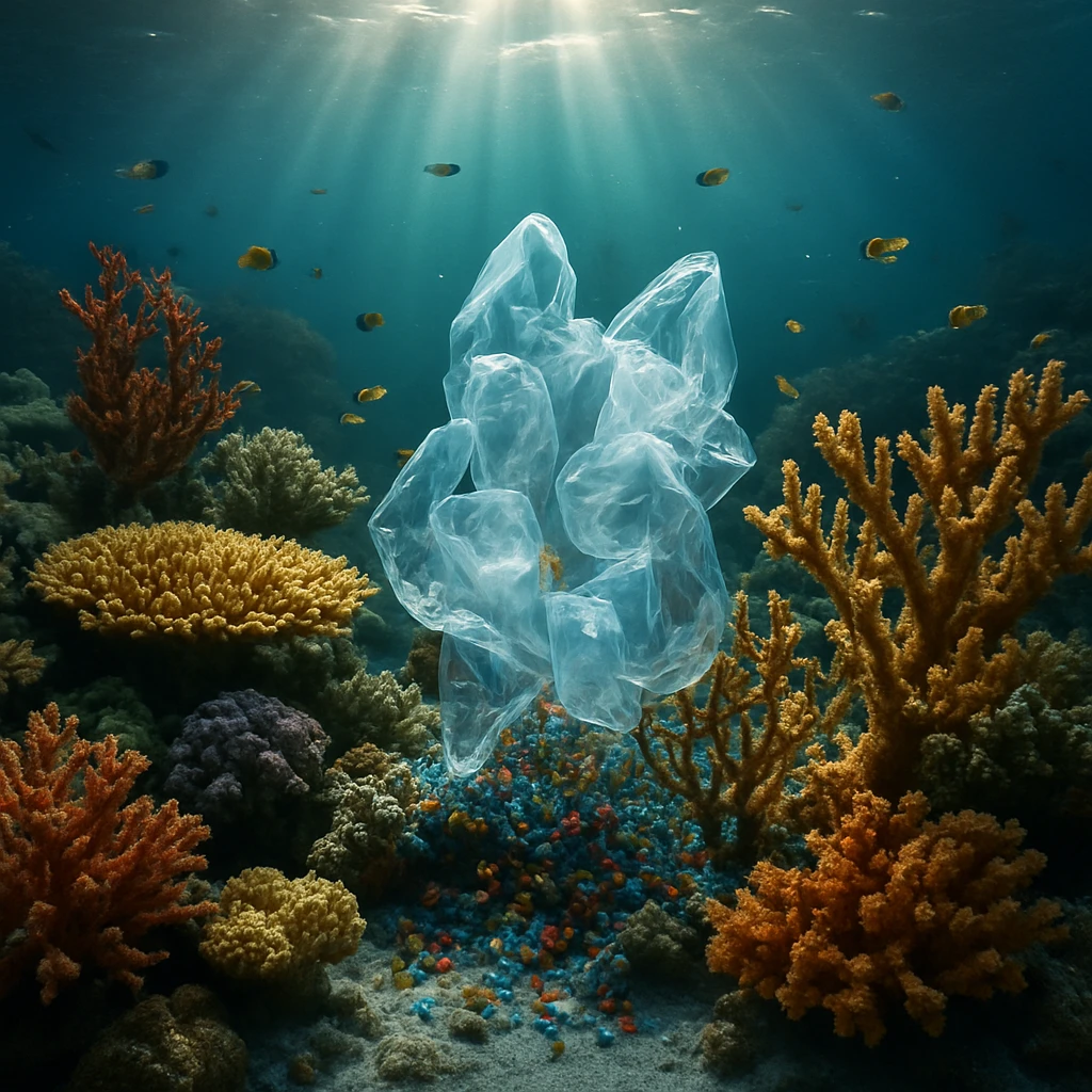 透き通った海中でサンゴ礁の間にレジ袋やマイクロプラスチックごみが絡みついている写真風の一場面。