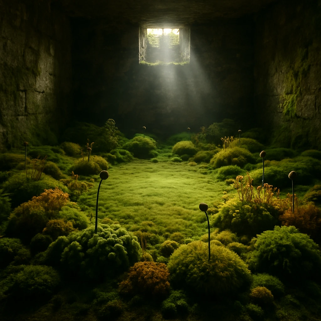 苔が集まる石造りの広間で、柔らかな日差しと緑が広がる様子。