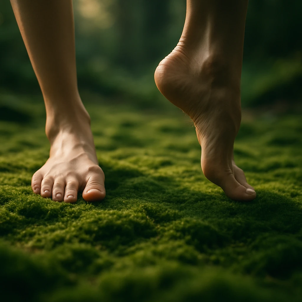 苔で覆われたマットの上でヨガをしている人の足元を地面の高さから写した写真。
