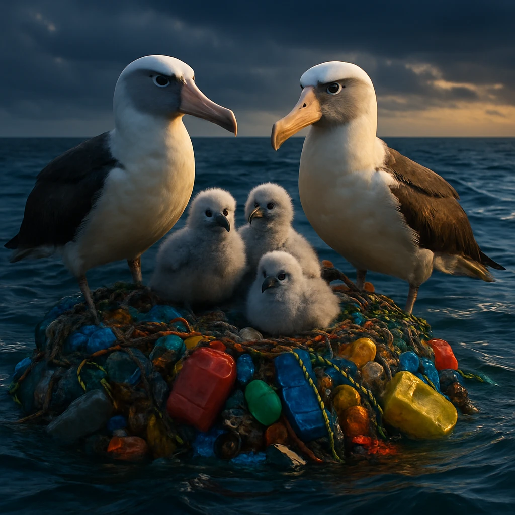 大海原のごみ帯で色とりどりのプラスチック片に囲まれて親子のアホウドリが佇んでいる様子。