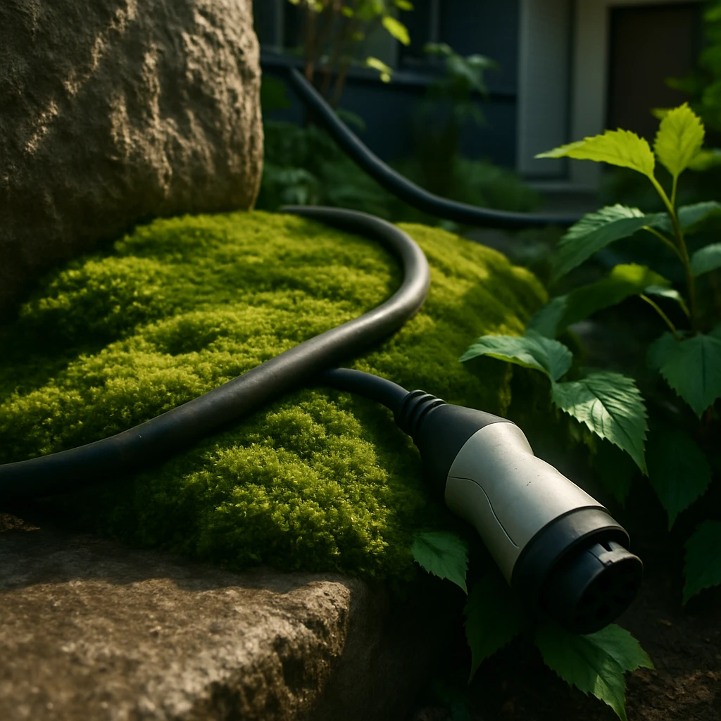 苔が生い茂る住宅の石の脇に、太い電気自動車の充電ケーブルが這う様子のリアルな写真。