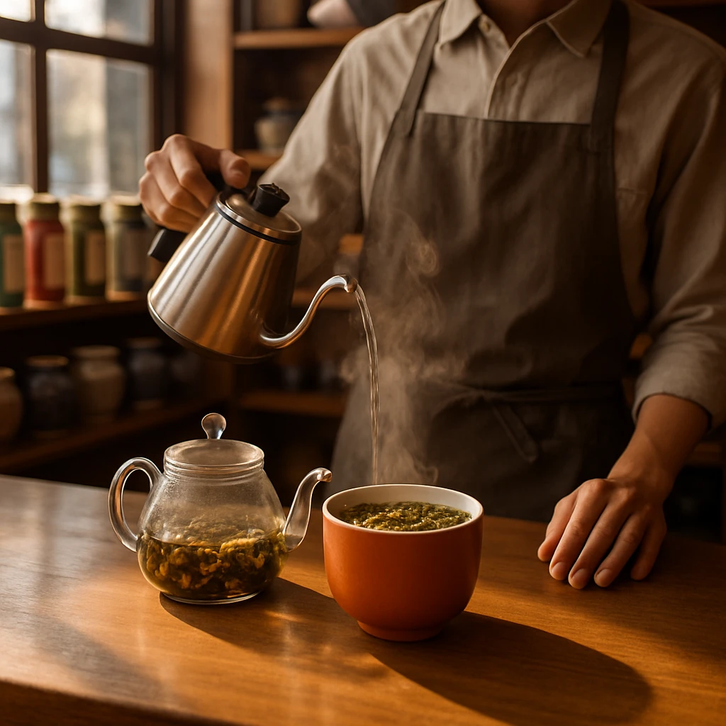 現代的な日本茶カフェのカウンターで、ガラスの急須と玄米茶のカップ、奥にカラフルなティーボトルや伝統的な湯呑みが並ぶ様子。