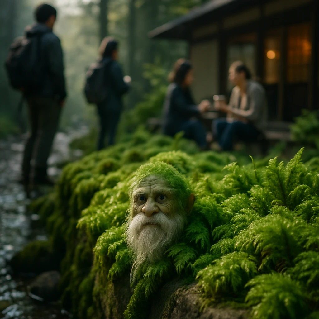 苔むした石垣の前に白いひげを付けたヒノキゴケのキャラクターが佇み、奥に改装された古民家と人々の姿がぼんやり映る写真。