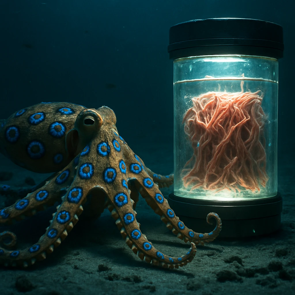 深海の砂地に置かれた培養肉入りのガラス容器を、ヒョウモンダコがじっと観察している写真。