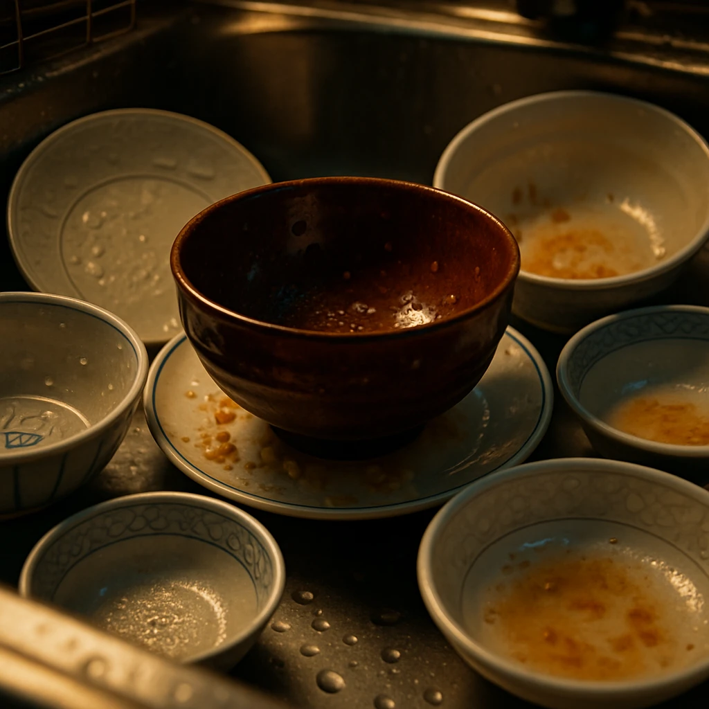 夕食後の流し台の中で、褐色の茶碗が中心に堂々と置かれ、周囲にさまざまな磁器の皿や碗が集まっている様子。