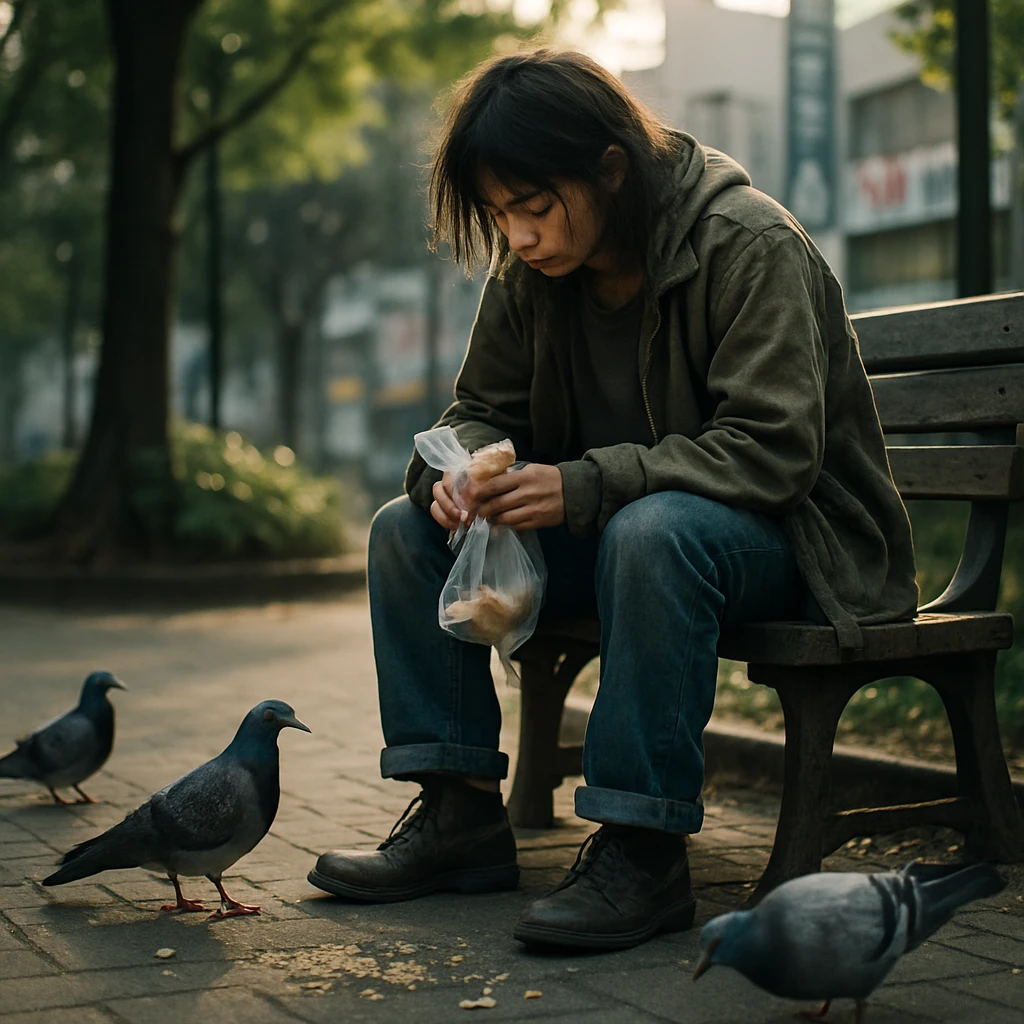 公園のベンチのそばで、パンくずをついばむハトの隣に座る薄汚れた若い女性の様子。