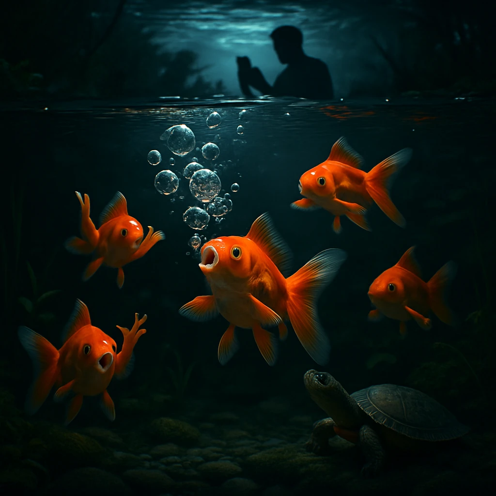 夜の池で泡を吹いてパフォーマンスする金魚たちと、それを見守るカメや池端の人間のシルエットが写るリアルな水中写真。