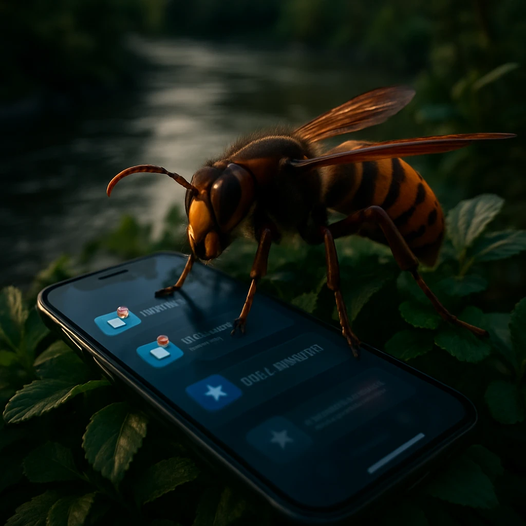 土手沿いのヤブでスマートフォンの隣に止まるスズメバチのリアルな写真。