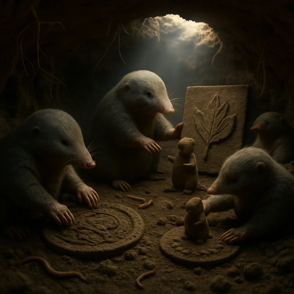 モグラたちが地中のトンネル内で土を使った作品制作に取り組む様子をリアルに描いた写真風イメージ。
