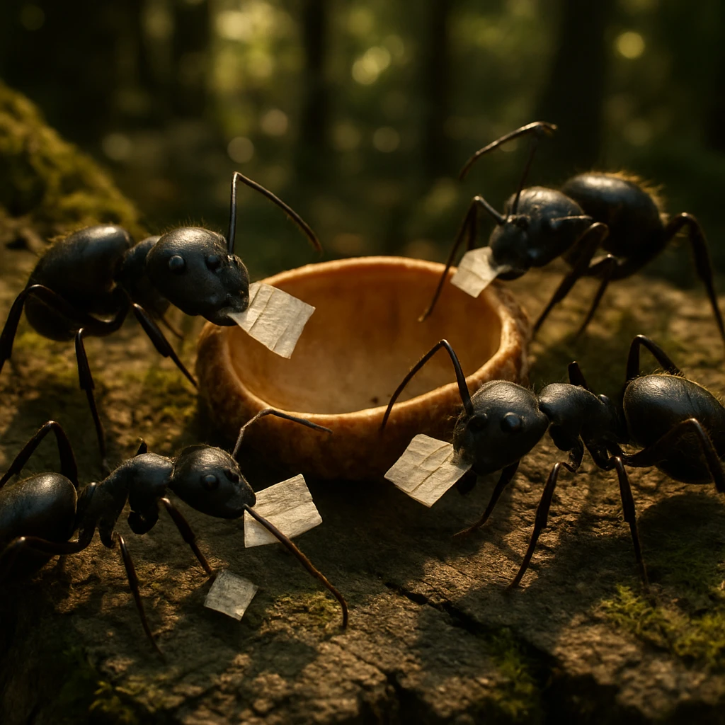 苔むした切り株の上に、どんぐりの殻と分業するクロオオアリたちが集まる写真。
