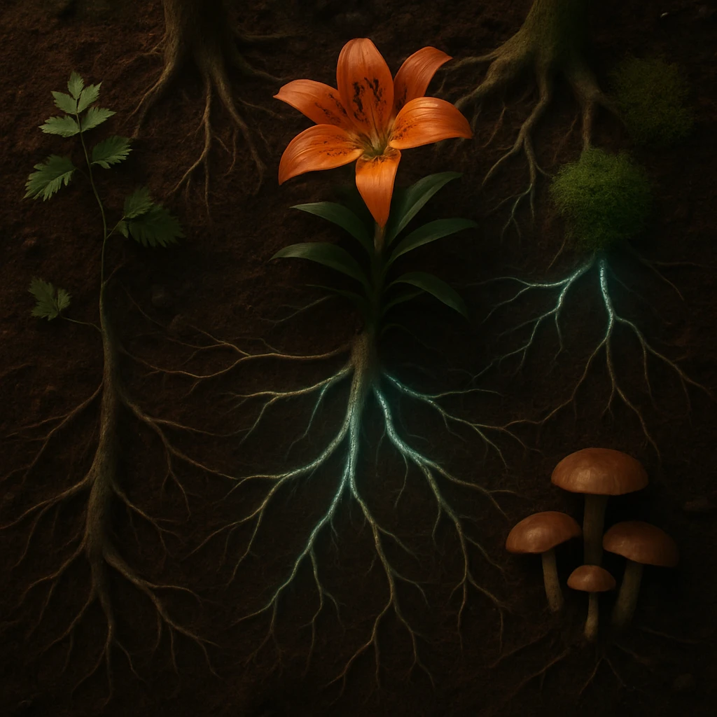 地中で複雑に絡み合う百合根や他の植物の根が、幻想的に光る様子のリアルな写真風画像。