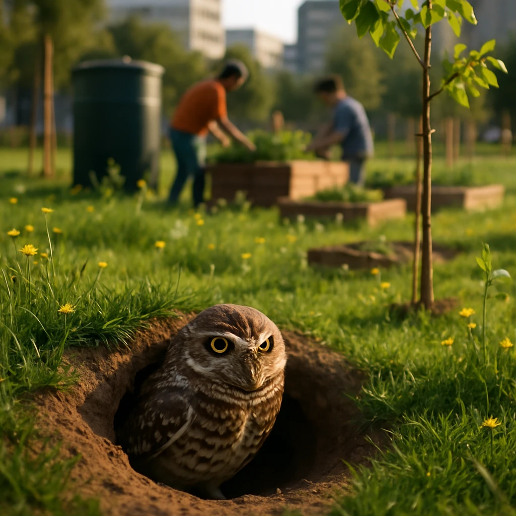 巣穴の入り口から顔を覗かせるアナホリフクロウと、背景に広がる緑あふれる都市公園の様子。