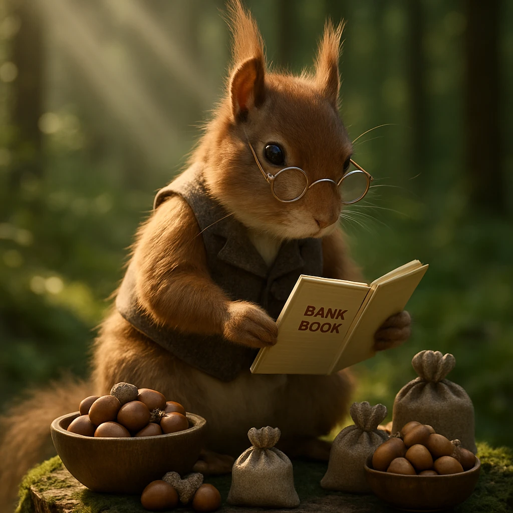 苔むした切り株の上で、ベストと眼鏡をかけたリスがどんぐりの通帳を見つめる森の一場面。