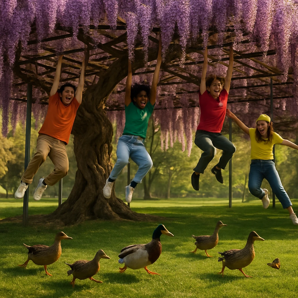満開の大きな藤棚で、若者たちが蔓にぶら下がり、カモが驚いて逃げる様子の写真。