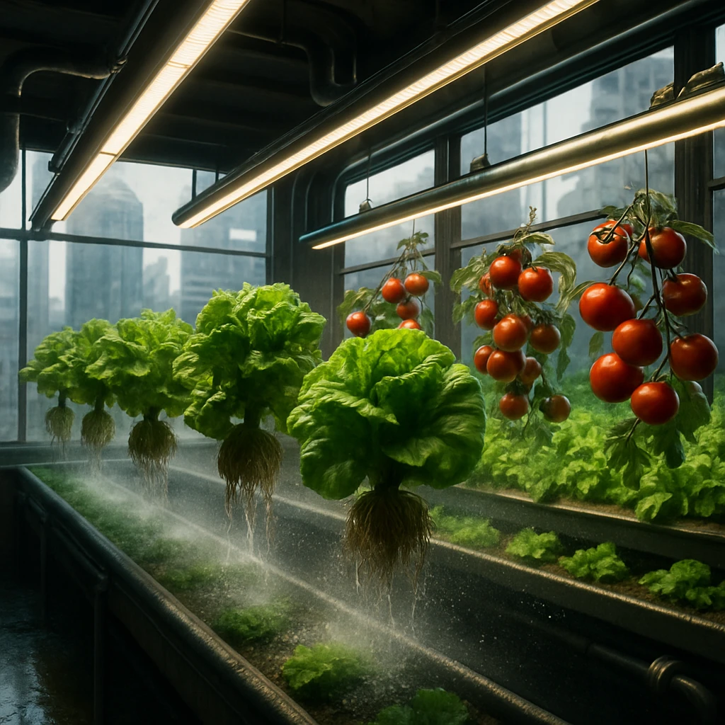 都市の高層ビルを背景に、ガラス張りの室内で水耕栽培されたレタスやトマトが根を伸ばして宙に浮かぶように育つ垂直農場の様子。