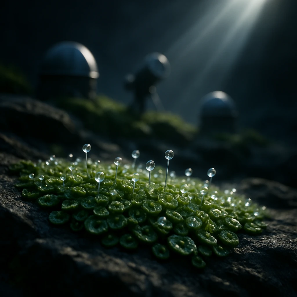 岩場の薄暗い場所で、露に濡れたヒラタジャゴケと水晶のような胞子器が光を受けている様子。