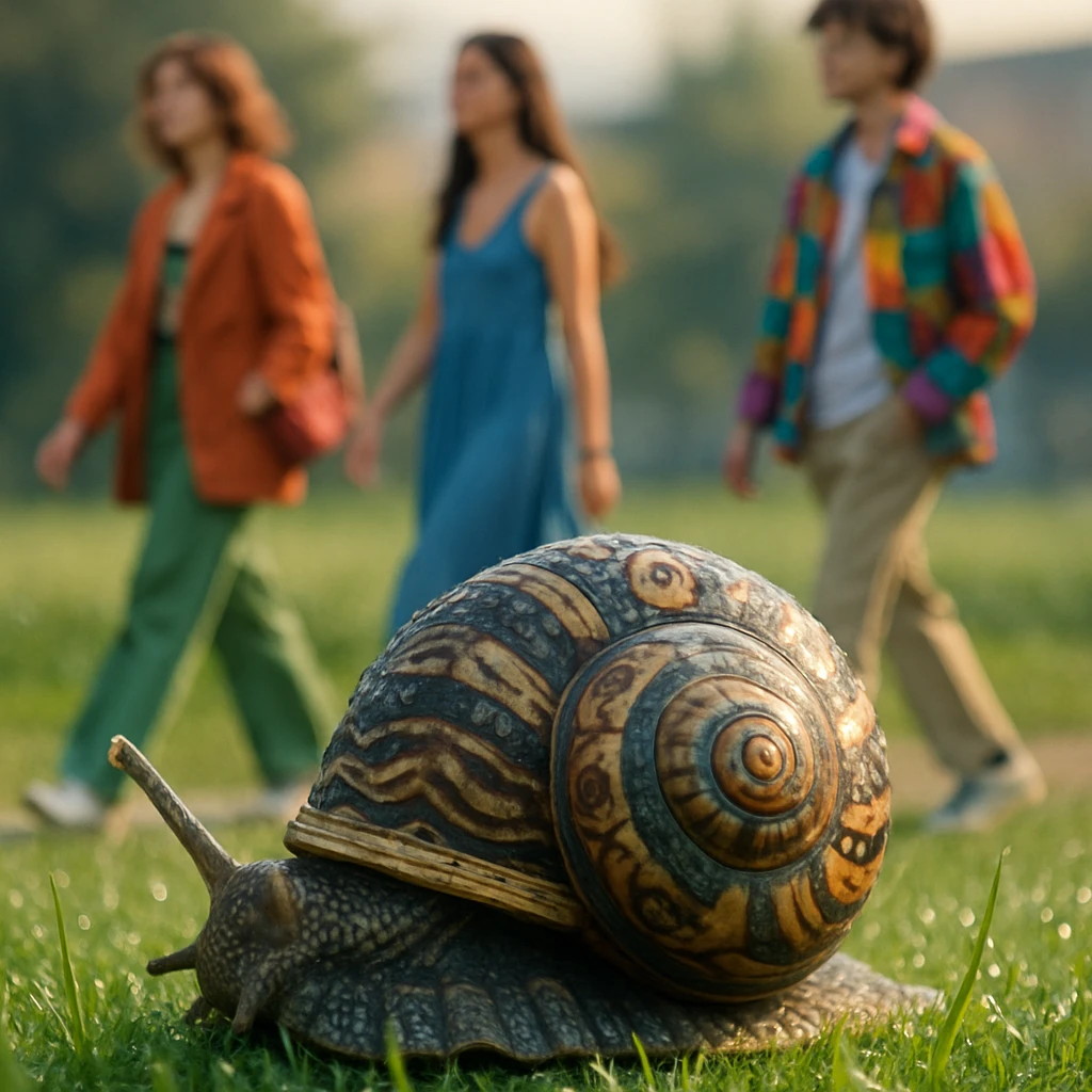 朝露に濡れた多様な模様の殻を持つカタツムリが草の上にいる背後に、カラフルな服装の若者たちが歩いている。