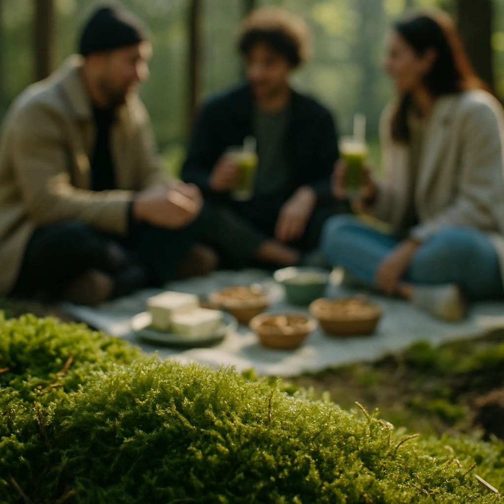 苔むした森の床と、その奥でプラントベースの食事を楽しむ人々がぼんやり見える写真。
