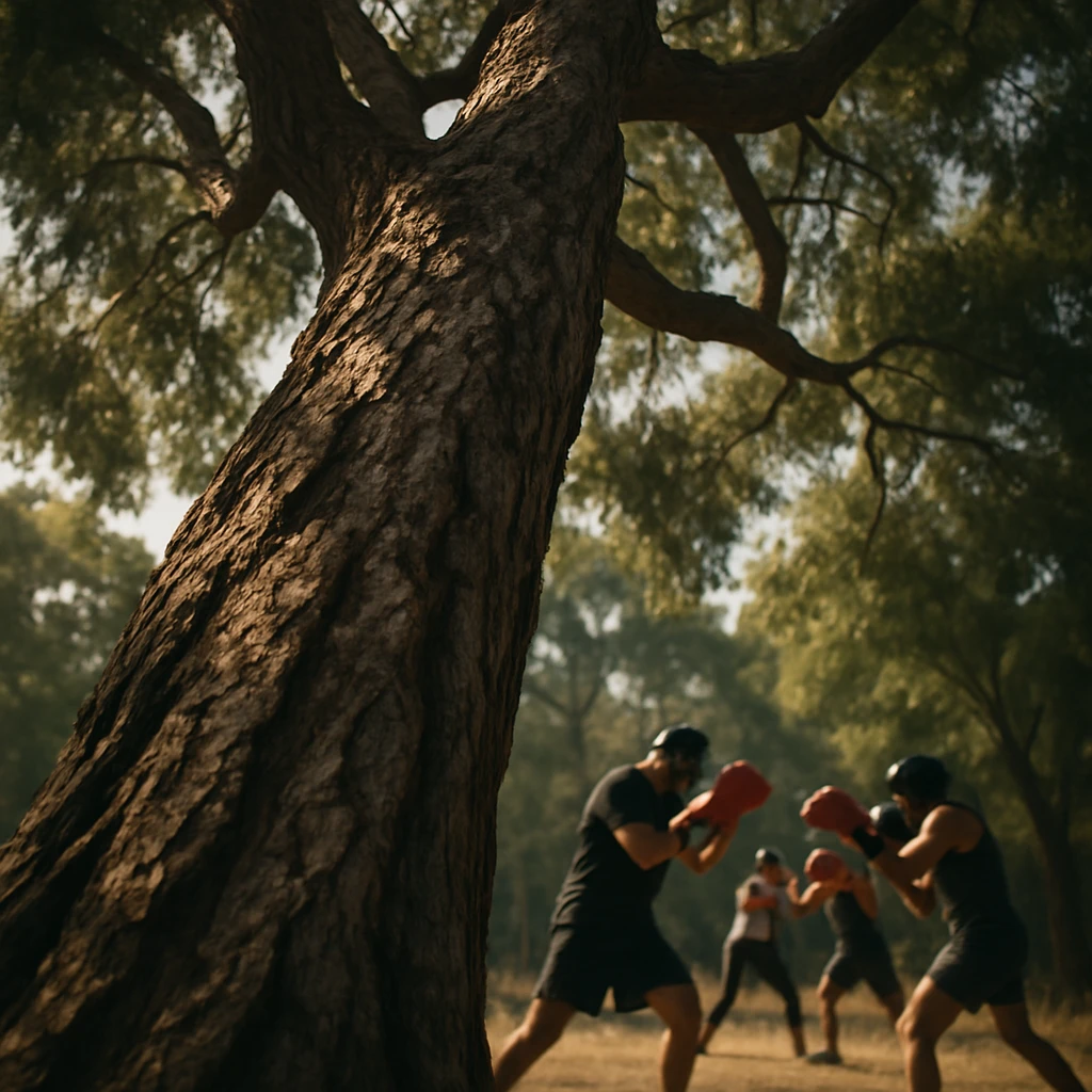 分厚い樹皮を持つ大きなユーカリのアイアンバークの木越しに、防具を着けた格闘家たちが広場でスパーリングしている様子が見える写真。