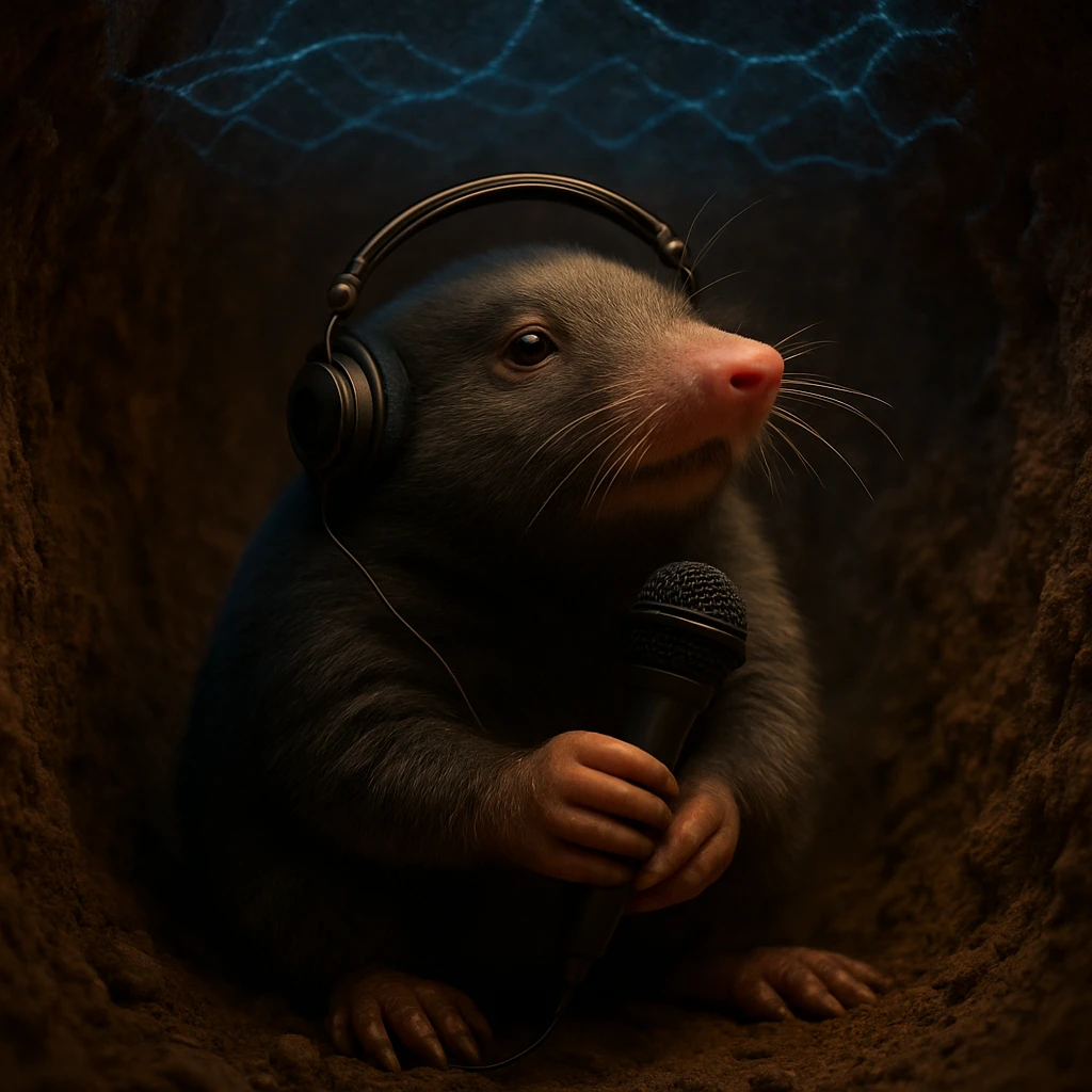 トンネルの中でヘッドホンとマイクを持つモグラが土の壁に囲まれて天井を見上げている写真風のイメージ。