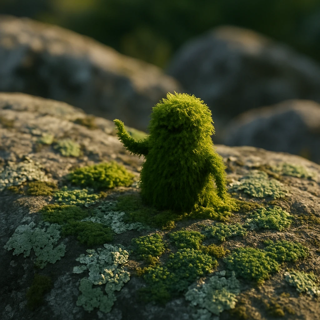 北欧の岩肌で苔や地衣類が集まり協力している様子をリアルに写した写真風画像。