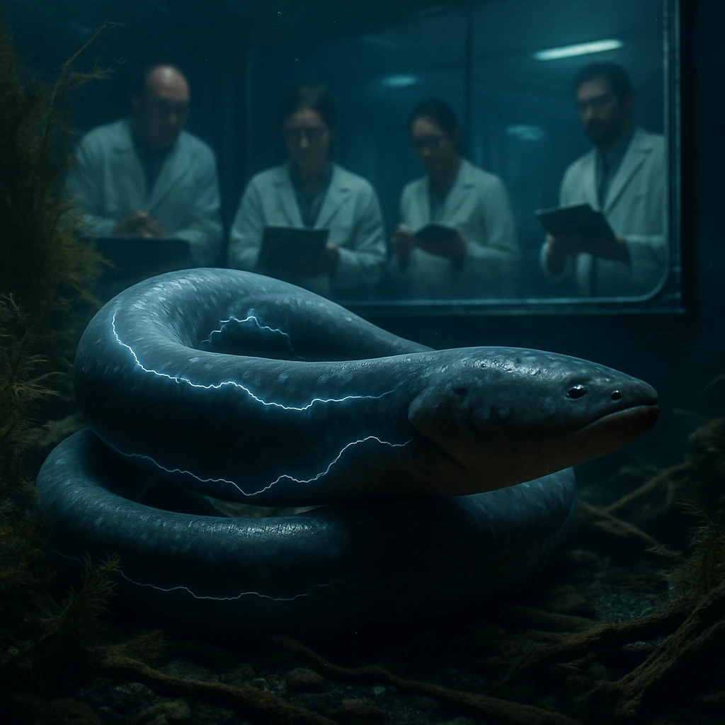 水中で発電するデンキウナギと、それを観察する水槽越しの科学者たちの様子。