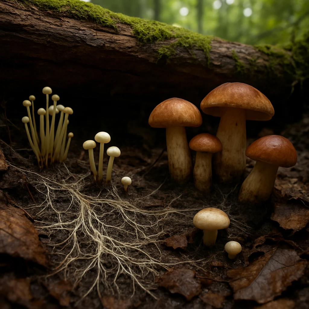 森の倒木の下、さまざまな種類のきのこと菌糸が絡み合いながら湿った腐葉土に広がっている様子。