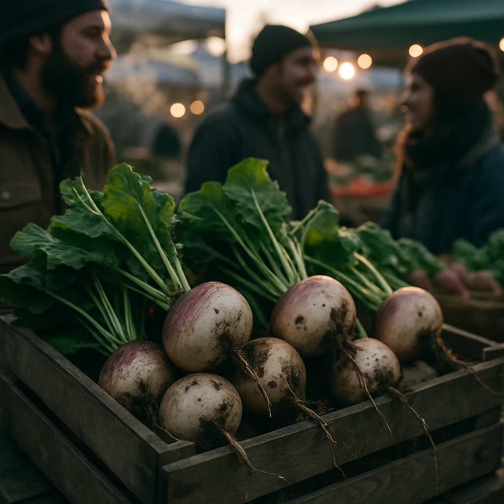 早朝の直売所で、土付きの新鮮なカブが木箱に並び、農家たちが背景で談笑している様子。